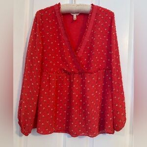 MATILDA JANE "Must Be Love" Red Tufted Dot Crossover Blouse. Size S. Lined